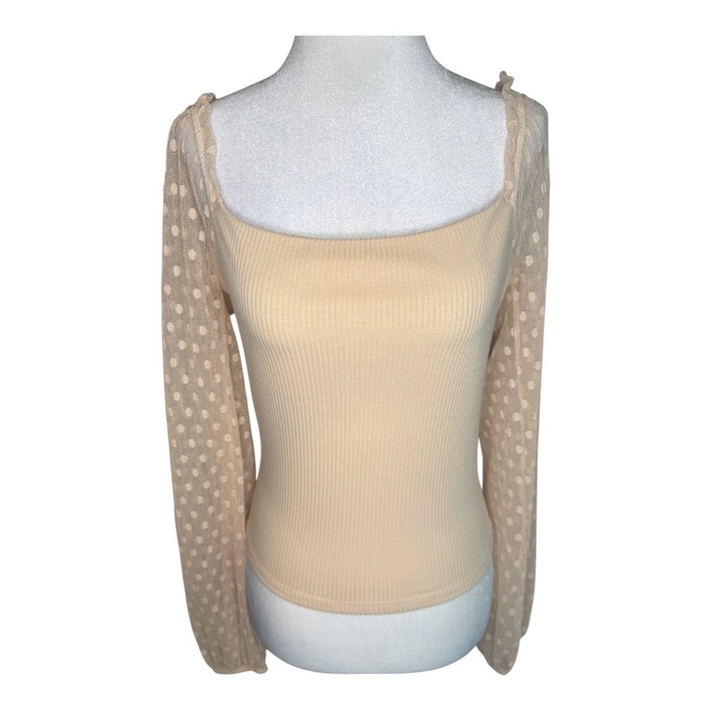 Lush Cream Ribbed Knit Top Polka Dot Mesh Long Sleeve Square Neck‎ Blouse Medium